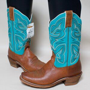 Womens Nocona Boots 6 B Sabrina Cognac Turquoise Blue Square Toe Western Boot